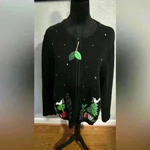 Vintage Heirloom Collection Women’s Size L Zip Front Appliqué Christmas Sweater - Picture 1 of 7